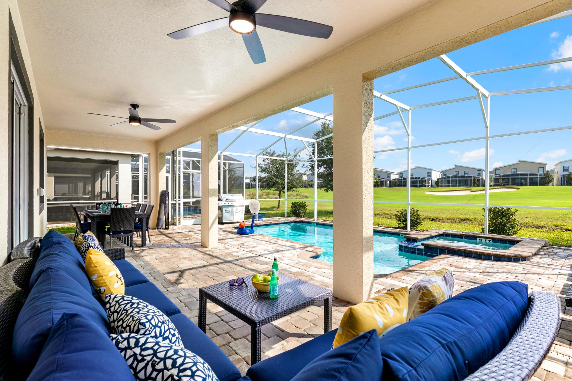 Enclosed lanai, saltwater pool and spa