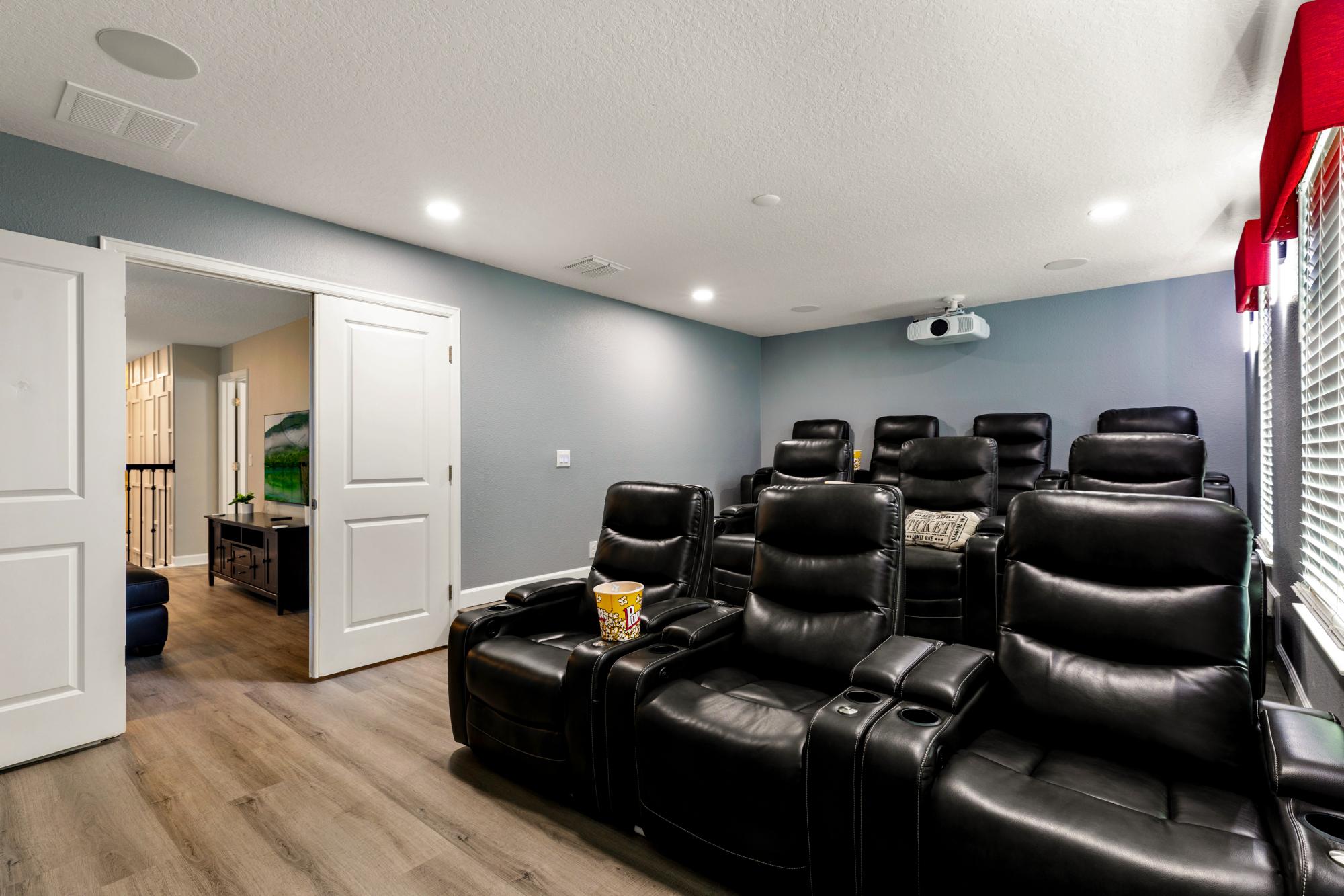 Movie theater seats 10, 4K Projector, 150" screen and Dolby Atmos Surround sound