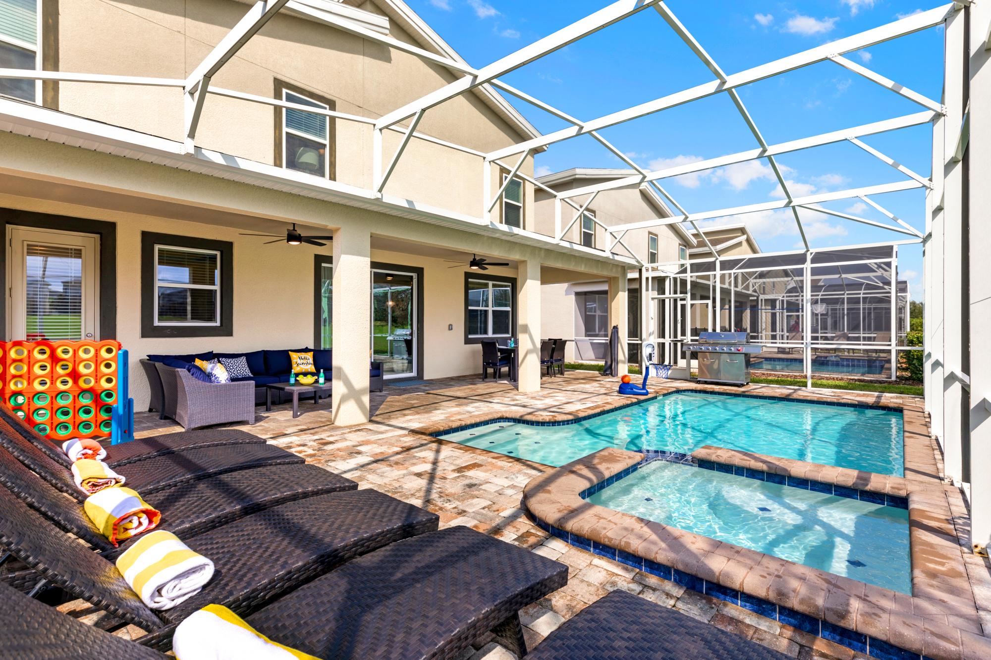 Saltwater pool and spa, 6 lounge chairs, 6 burner BBQ, sectional and outdoor dining for 8