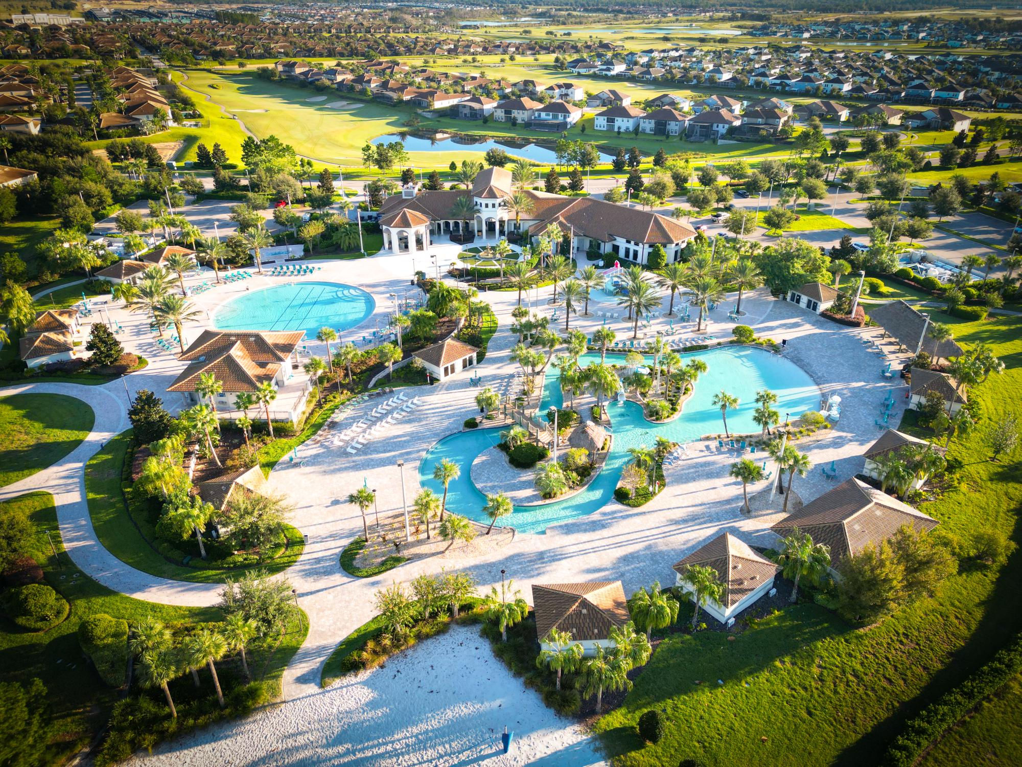 Aerial view of the Oasis Club at ChampionsGate with water park, lazy river and pools